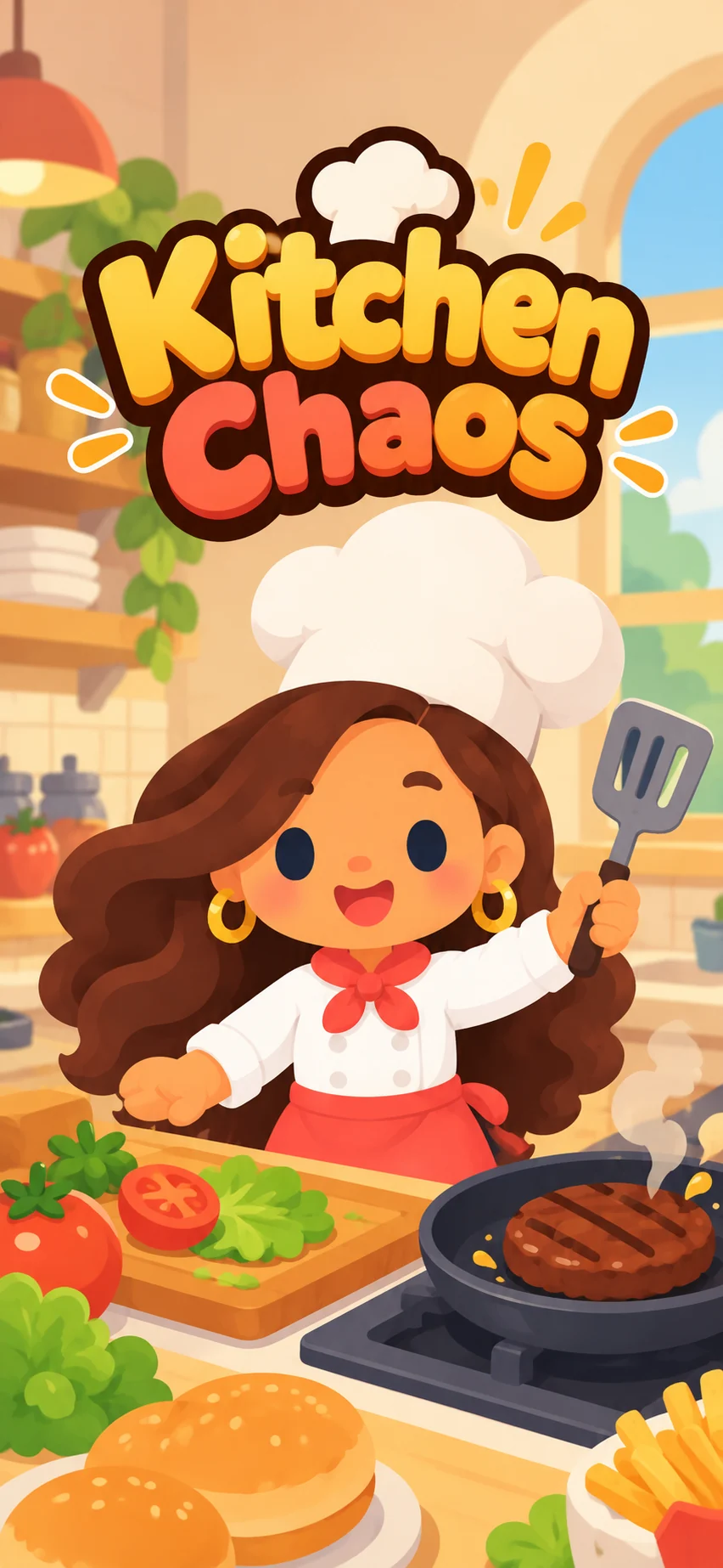 Kitchen Chaos: the chef at the stove, a burger on the grill